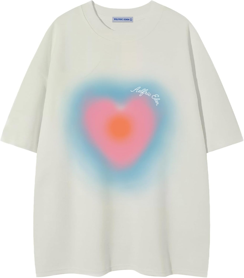 Aelfric Eden Graphic T Shirts for Women Blurring Heart Print Tees Y2K Oversized Shirt Summer Casual Short Sleeve Tops