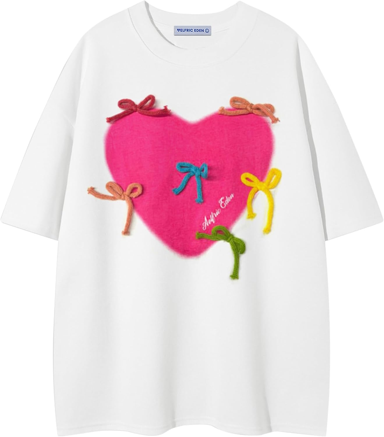 Aelfric Eden Womens Oversized T Shirts Tees Heart Bow Print Crew Neck Tops Y2k Streetwear Short Sleeve Casual Shirt