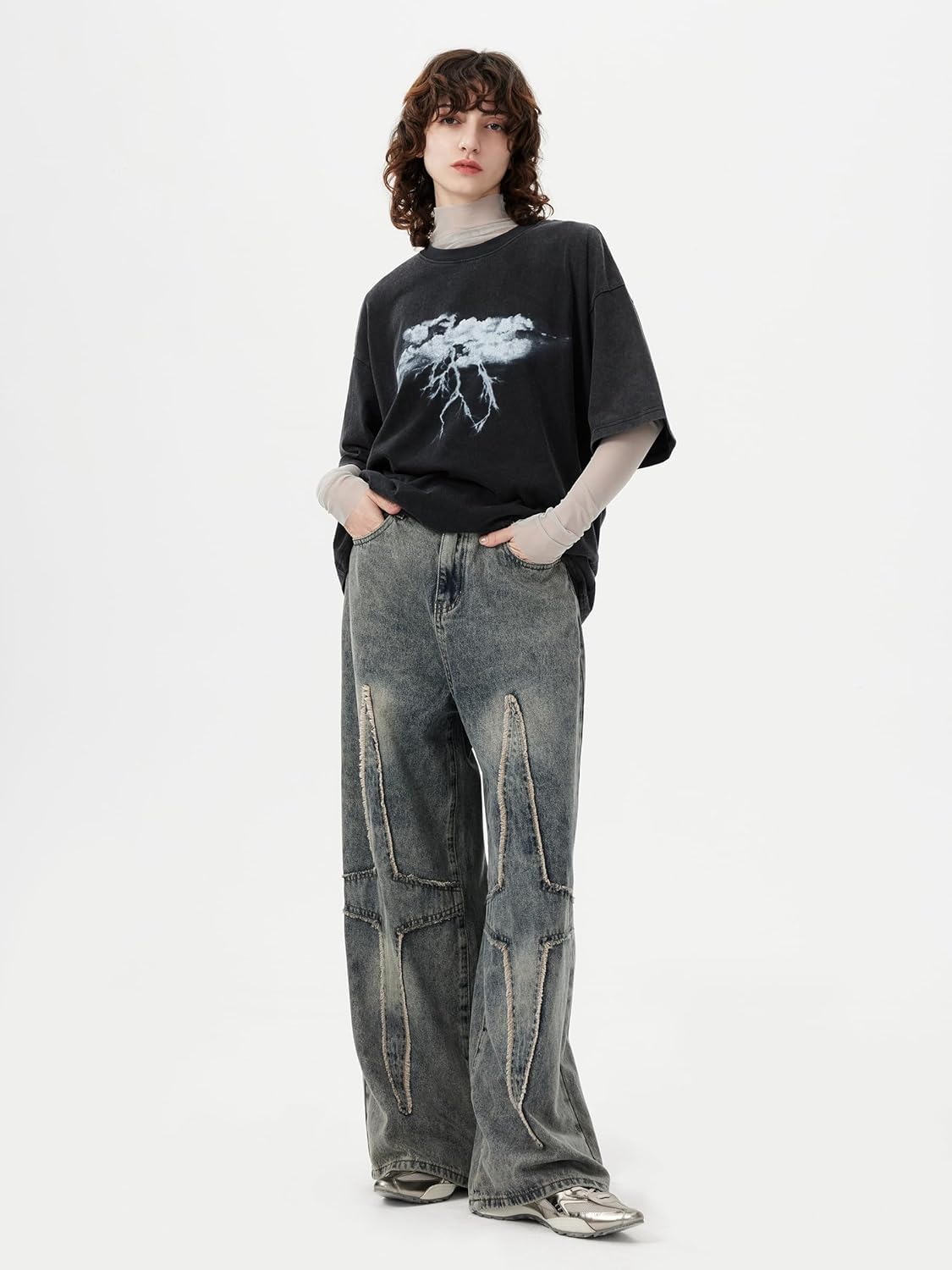 Aelfric Eden Mens Graphic Tees Y2k Lightning Print Washed Oversized T Shirts Vintage Streetwear Shirt Casual Tops