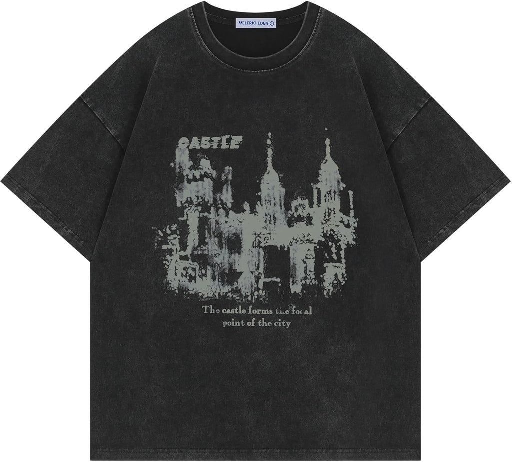 Aelfric Eden Mens T Shirts Castle Graphic Washed Tee Shirt Cotton Short Sleeve Tees Y2k Streetwear Casual 2025 Trendy Tops