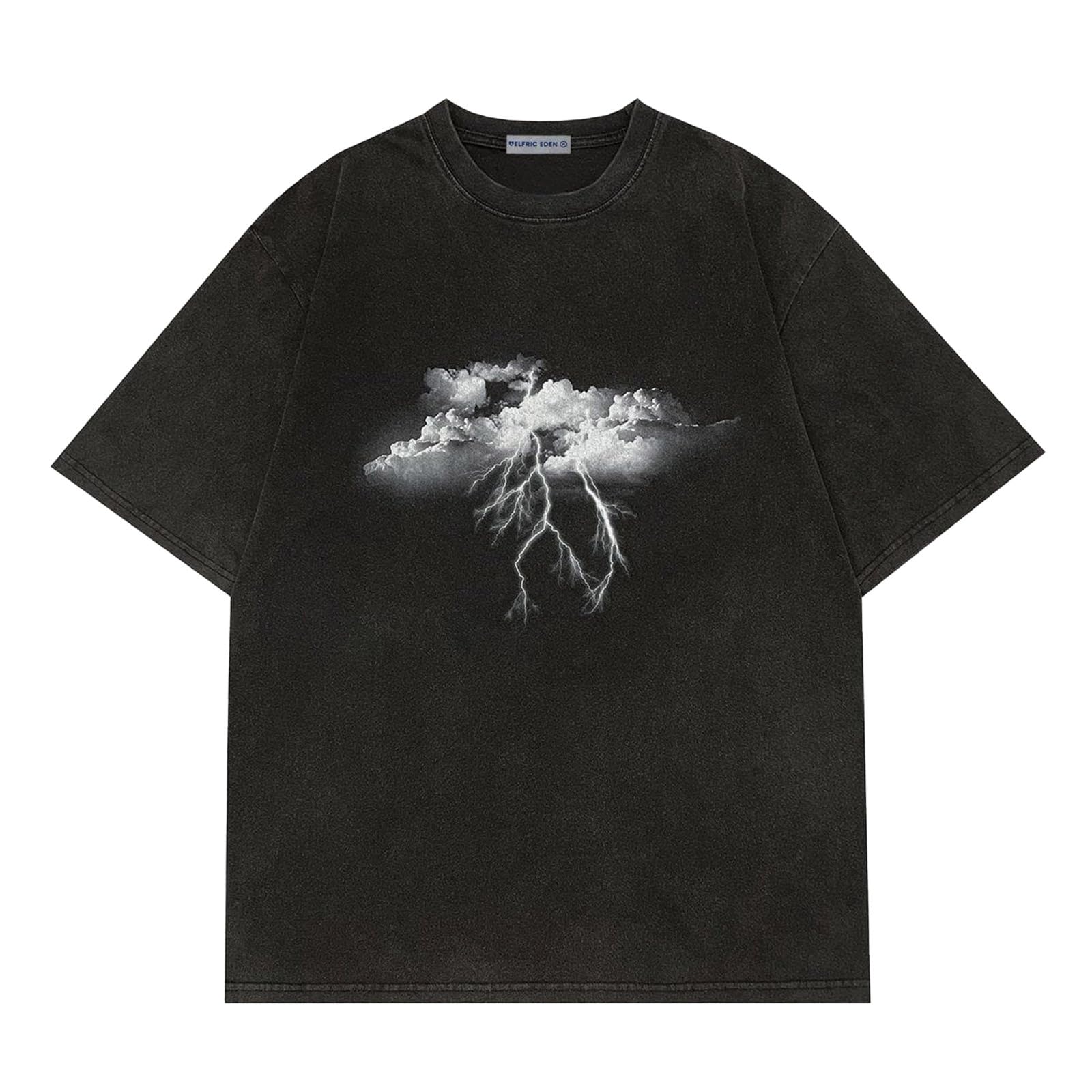 Aelfric Eden Mens Graphic Tees Y2k Lightning Print Washed Oversized T Shirts Vintage Streetwear Shirt Casual Tops