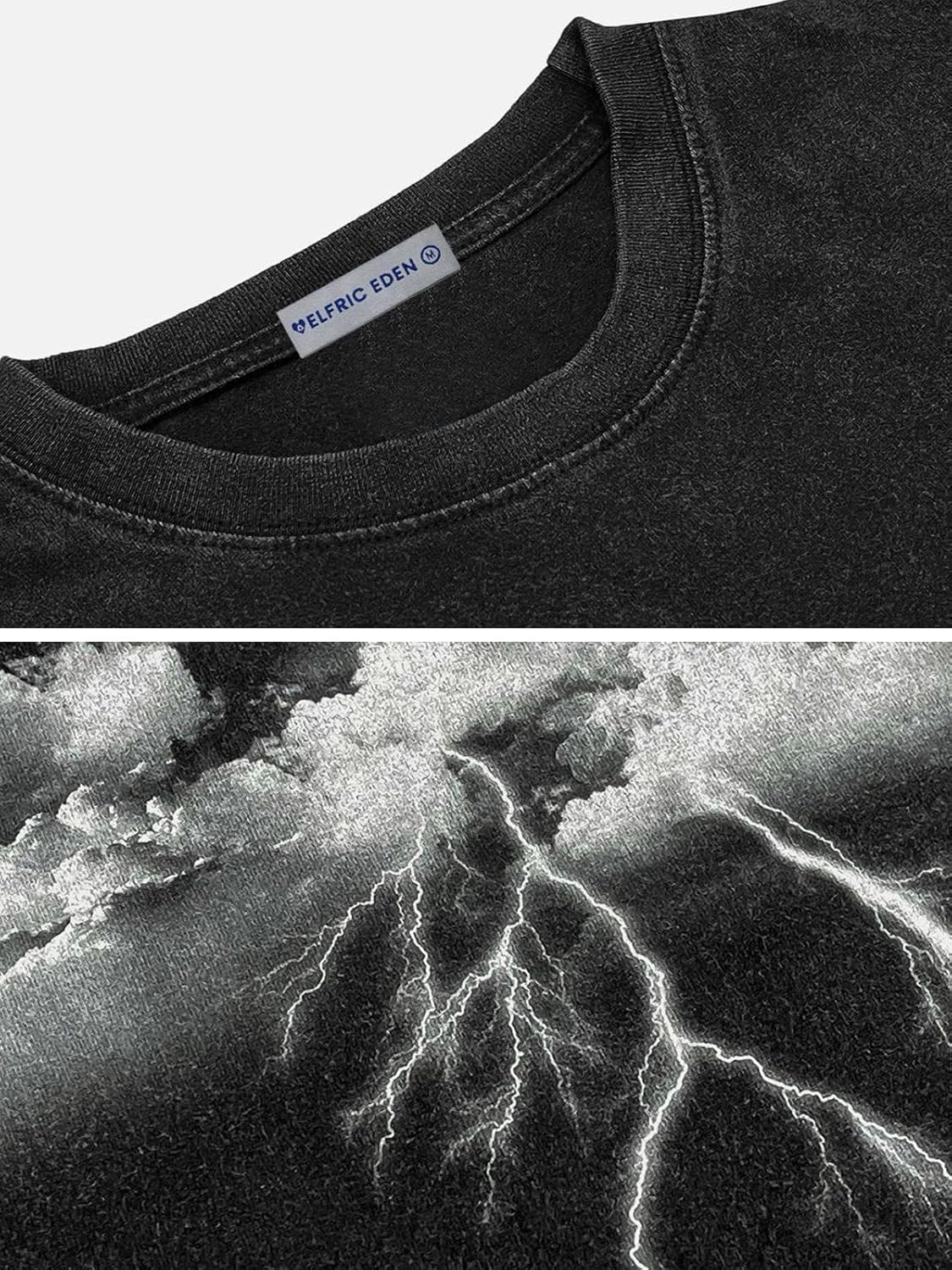 Aelfric Eden Mens Graphic Tees Y2k Lightning Print Washed Oversized T Shirts Vintage Streetwear Shirt Casual Tops
